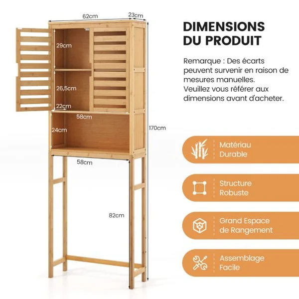 Armoire de Rangement Au-dessus des Toilettes Étagère de Salle de Bain en Bambou Haute avec 2 Portes et Étagère Ouverte 62X23X170CM Naturel