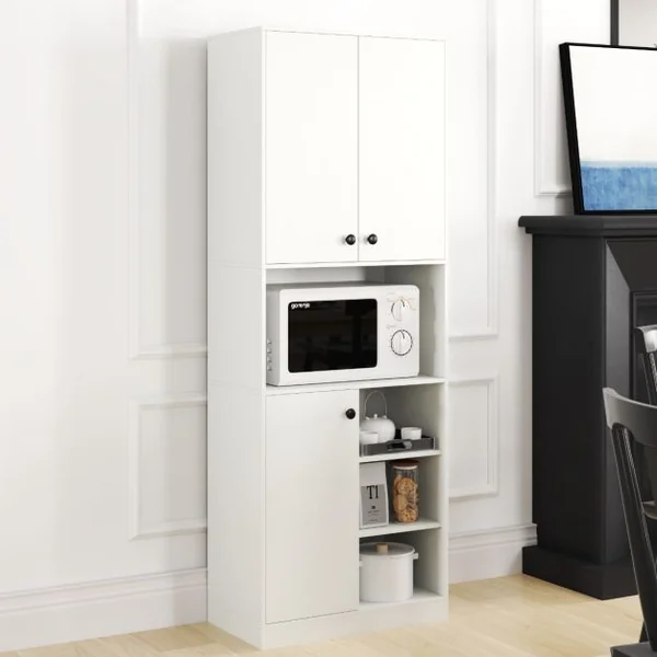 Armoire de Rangement de Cuisine Buffet Haut Moderne de 166 cm avec Support pour Micro-ondes Station de Bar Blanc