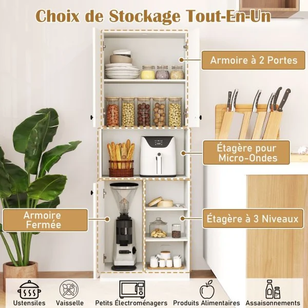 Armoire de Rangement de Cuisine Buffet Haut Moderne de 166 cm avec Support pour Micro-ondes Station de Bar Blanc