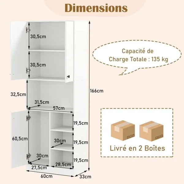 Armoire de Rangement de Cuisine Buffet Haut Moderne de 166 cm avec Support pour Micro-ondes Station de Bar Blanc