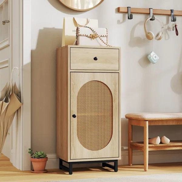 Armoire de Rangement en Rotin PE Tiroir Coulissant Porte en Rotin PE Support en Métal Patins Réglables Kit Anti-basculement Naturel