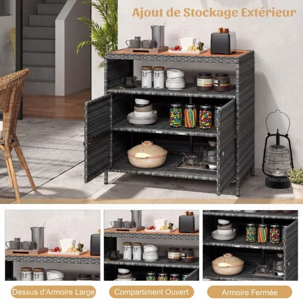 Armoire de Rangement Exterieur en Rotin Armoire de Jardin avec Plateau en Bois d'Acacia Compartiment Ouvert Buffet à 2 Portes Gris+Naturel