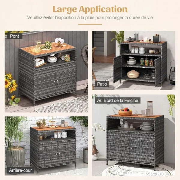 Armoire de Rangement Exterieur en Rotin Armoire de Jardin avec Plateau en Bois d'Acacia Compartiment Ouvert Buffet à 2 Portes Gris+Naturel