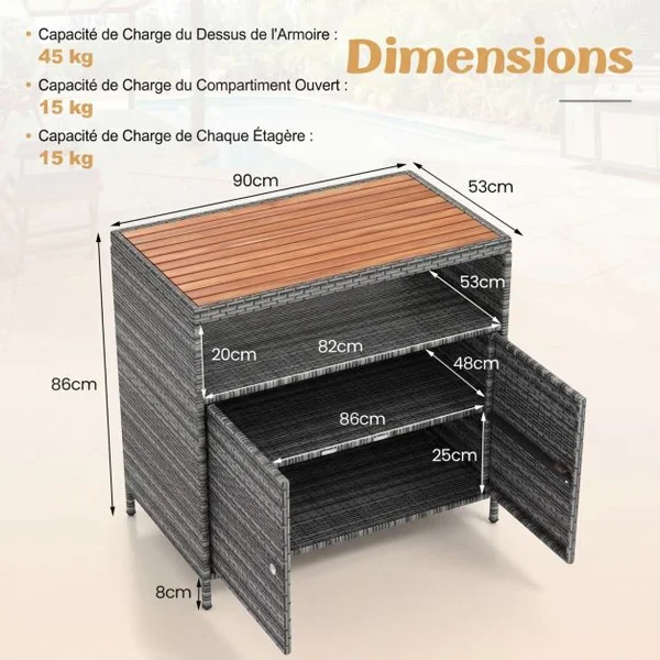 Armoire de Rangement Exterieur en Rotin Armoire de Jardin avec Plateau en Bois d'Acacia Compartiment Ouvert Buffet à 2 Portes Gris+Naturel