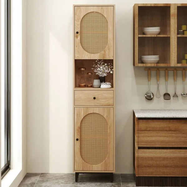 Armoire de Rangement Meuble pour Salle de Bain Haut Armoire en Rotin avec Portes Étagères Ajustables & Tiroir 170 x30 x40 cm Naturel