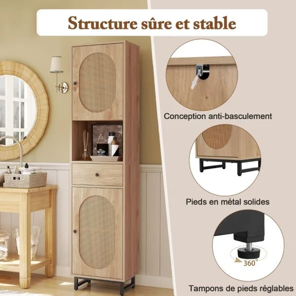 Armoire de Rangement Meuble pour Salle de Bain Haut Armoire en Rotin avec Portes Étagères Ajustables & Tiroir 170 x30 x40 cm Naturel