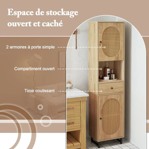Armoire de Rangement Meuble pour Salle de Bain Haut Armoire en Rotin avec Portes Étagères Ajustables & Tiroir 170 x30 x40 cm Naturel