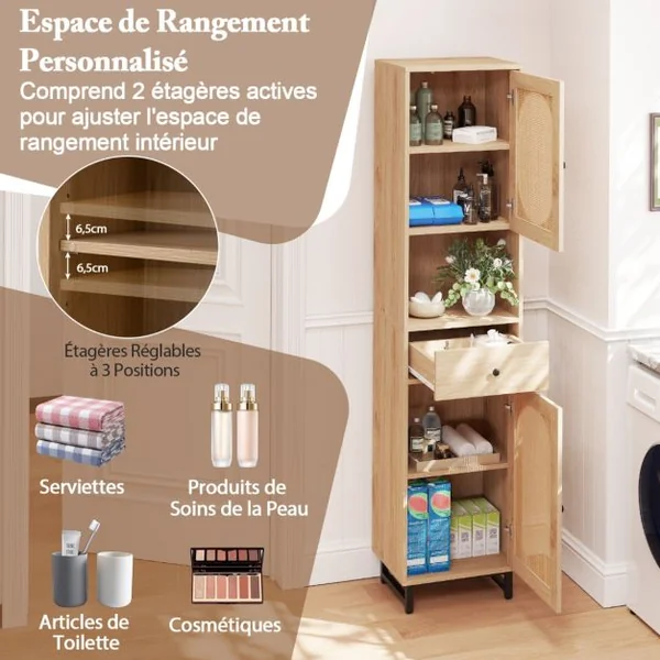 Armoire de Rangement Meuble pour Salle de Bain Haut Armoire en Rotin avec Portes Étagères Ajustables & Tiroir 170 x30 x40 cm Naturel