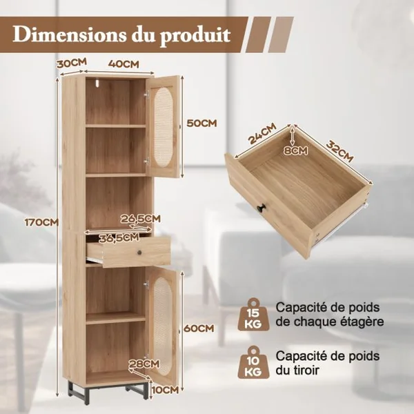 Armoire de Rangement Meuble pour Salle de Bain Haut Armoire en Rotin avec Portes Étagères Ajustables & Tiroir 170 x30 x40 cm Naturel