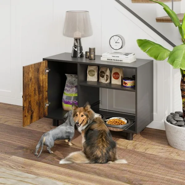 Armoire de Rangement pour Nourriture de Chien Station d'Alimentation Élevée Réglable en Hauteur avec 2 Bols Surélevés Marron