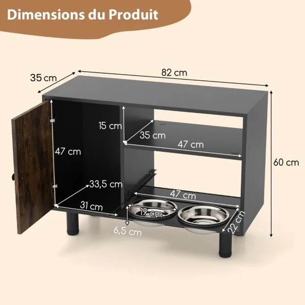 Armoire de Rangement pour Nourriture de Chien Station d'Alimentation Élevée Réglable en Hauteur avec 2 Bols Surélevés Marron