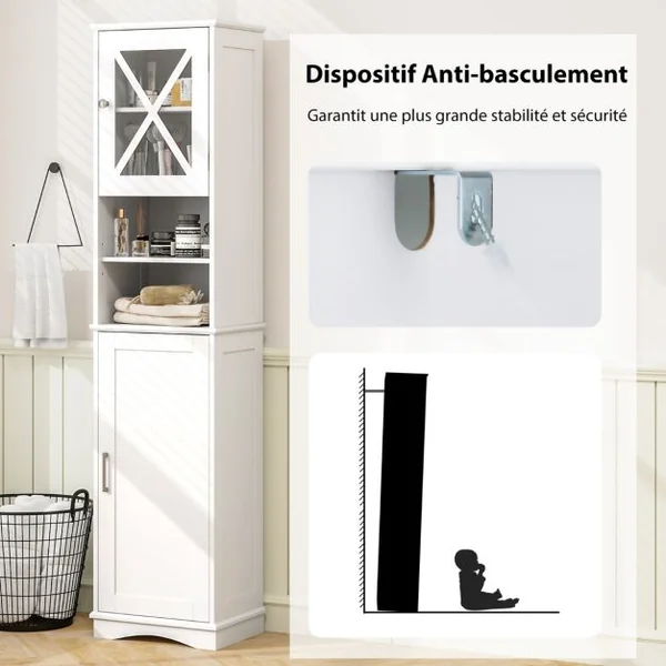Armoire de Salle de Bain Haute de 170,5 cm Armoire Autoportante 5 Etagères Réglables 2 Portes Kit Anti-basculement Armoire Etroite Gris/Blanc/Noir