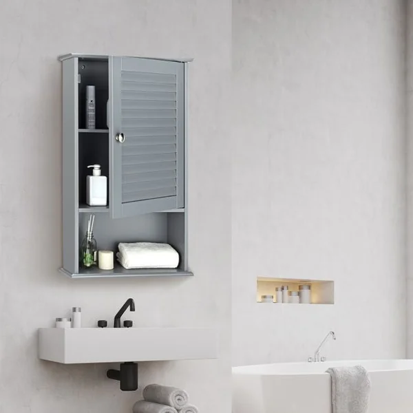 Armoire Murale pour Salle de Bain avec Étagère Réglable 1 Porte Persienne et 1 Étagère Ouverte 4 Couleurs au Choix