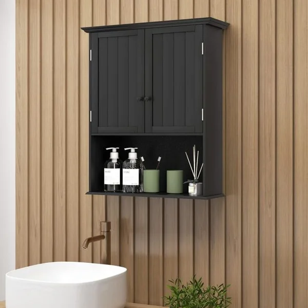Armoire Salle de Bain Suspendue en Bois Armoire Murale avec 2 Porte Étagère Réglable Compartiment Ouvert Placard Murale 60 x 20 x 71 CM Blanc/Gris/Noir