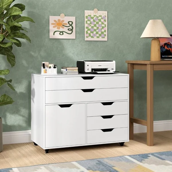 Armoire à 5 Tiroirs avec Porte Desserte Mobile à 5 Roulettes Armoire à Dossiers Latérale Roulante Support d'Imprimante Blanc