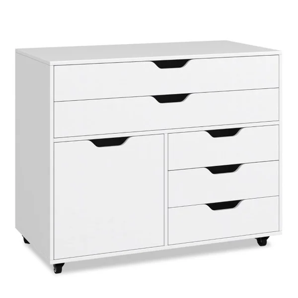 Armoire à 5 Tiroirs avec Porte Desserte Mobile à 5 Roulettes Armoire à Dossiers Latérale Roulante Support d'Imprimante Blanc