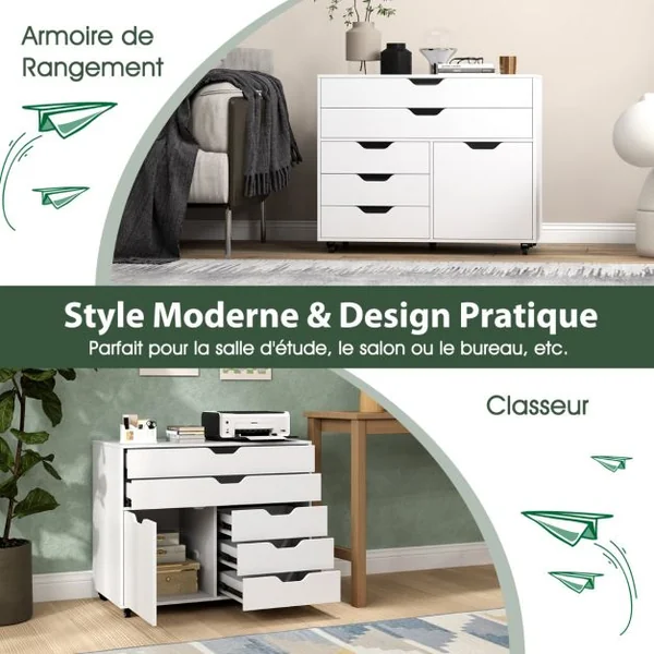 Armoire à 5 Tiroirs avec Porte Desserte Mobile à 5 Roulettes Armoire à Dossiers Latérale Roulante Support d'Imprimante Blanc