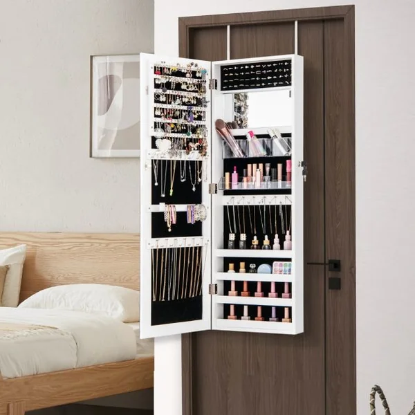 Armoire à Bijoux Murale/de Porte avec Miroir Pleine Longueur et Miroir de Maquillage Cintres Réglables Verrou Doublure Douce Marron Rustique