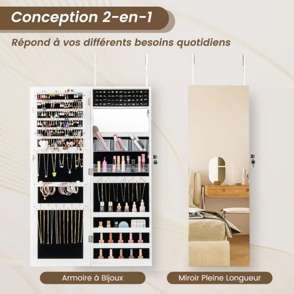 Armoire à Bijoux Murale/de Porte avec Miroir Pleine Longueur et Miroir de Maquillage Cintres Réglables Verrou Doublure Douce Marron Rustique