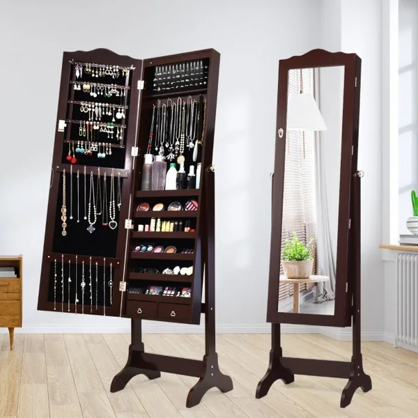 Armoire à Bijoux sur Pied avec 14 lampes LED Verrouillable Réglable à 4 Angles Blanc/Marron