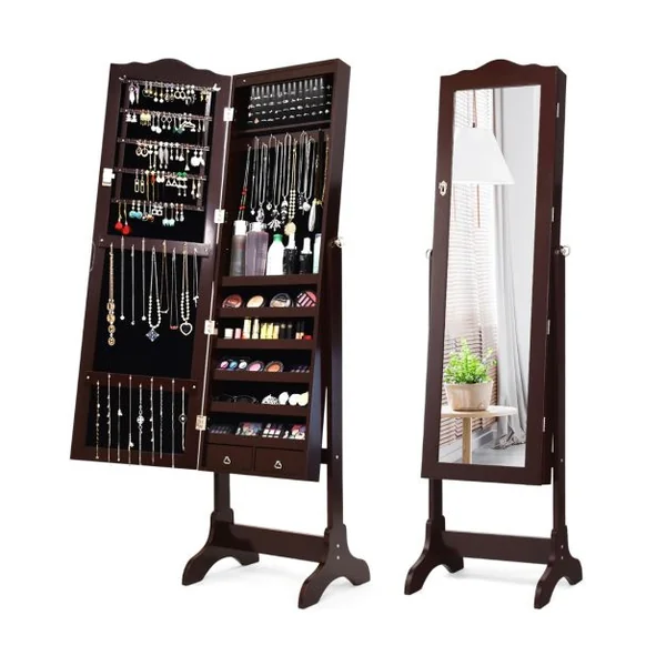 Armoire à Bijoux sur Pied avec 14 lampes LED Verrouillable Réglable à 4 Angles Blanc/Marron