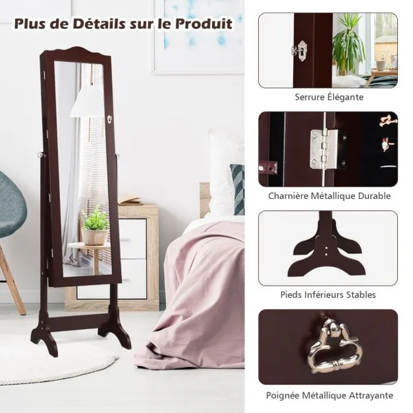 Armoire à Bijoux sur Pied avec 14 lampes LED Verrouillable Réglable à 4 Angles Blanc/Marron