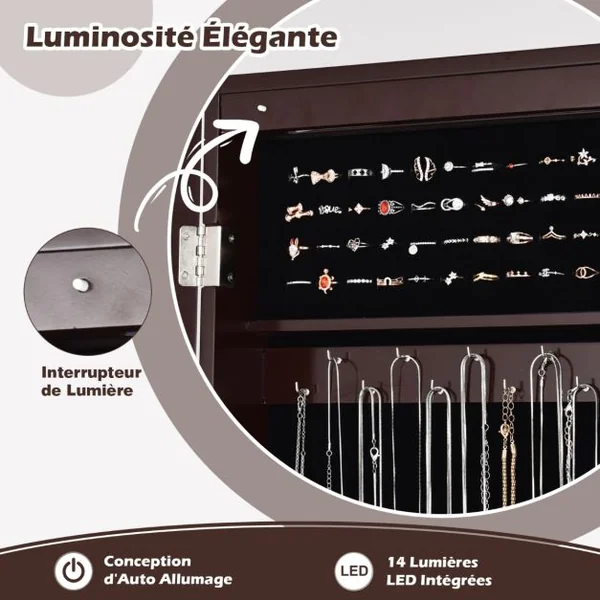 Armoire à Bijoux sur Pied avec 14 lampes LED Verrouillable Réglable à 4 Angles Blanc/Marron