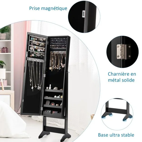 Armoire à bijoux sur Pied avec Miroir Coffre à Bijoux Armoire de Rangement Cosmétiques 3 Positions Réglables 7 Couleurs au Choix