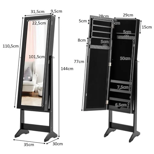 Armoire à bijoux sur Pied avec Miroir Coffre à Bijoux Armoire de Rangement Cosmétiques 3 Positions Réglables 7 Couleurs au Choix