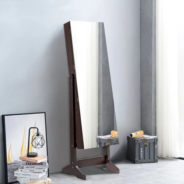 Armoire à Bijoux sur Pied avec Miroir Inclinable Serrure Doublure et Divers Espaces de Rangement 41x36,5x146cm Blanc/Marron