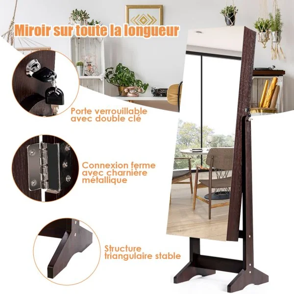 Armoire à Bijoux sur Pied avec Miroir Inclinable Serrure Doublure et Divers Espaces de Rangement 41x36,5x146cm Blanc/Marron