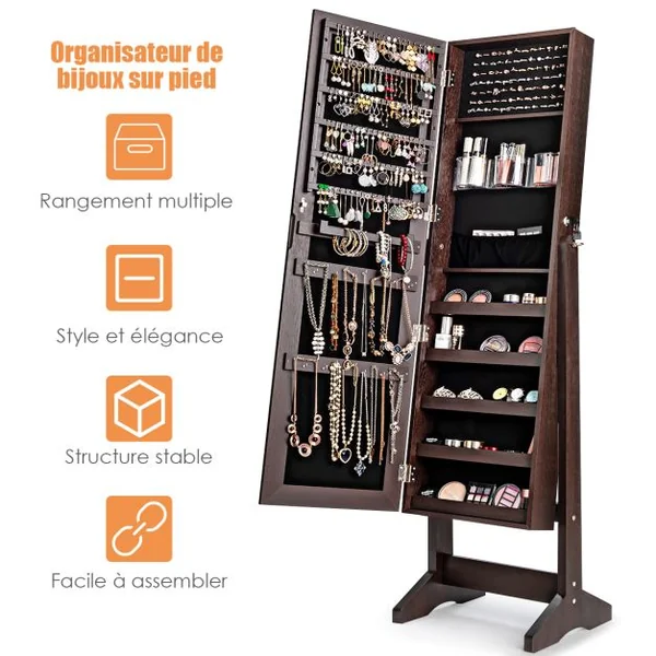 Armoire à Bijoux sur Pied avec Miroir Inclinable Serrure Doublure et Divers Espaces de Rangement 41x36,5x146cm Blanc/Marron