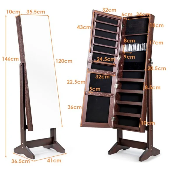 Armoire à Bijoux sur Pied avec Miroir Inclinable Serrure Doublure et Divers Espaces de Rangement 41x36,5x146cm Blanc/Marron
