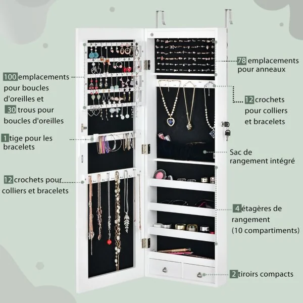 Armoire à Bijoux à Fixation Murale/Porte 6 LED et 2 Tiroirs avec Miroir Grand Format Blanche pour Chambre Noir/Blanc