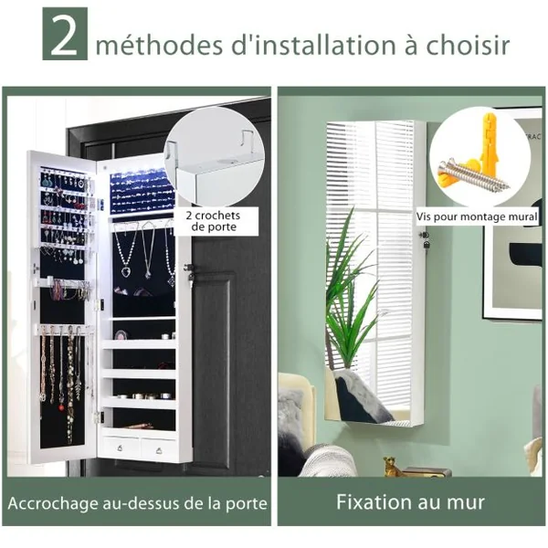 Armoire à Bijoux à Fixation Murale/Porte 6 LED et 2 Tiroirs avec Miroir Grand Format Blanche pour Chambre Noir/Blanc