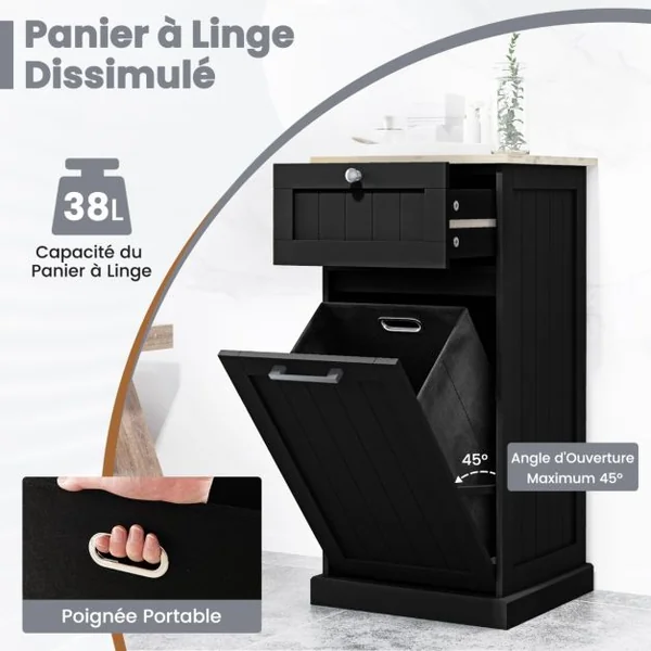Armoire à Linge avec Panier à Linge Inclinable Armoire Autoportante avec Tiroir Armoire de Rangement avec pour Salle de Bain Chambre Buanderie Blanc/Gris/Noir