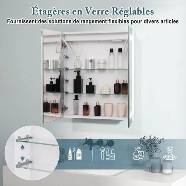 Armoire à Pharmacie 60x70cm avec Miroir Armoire à Miroir Eclairée par LED avec 3 Couleurs de Lumière Gradation Continue Désembuage 2 Prises