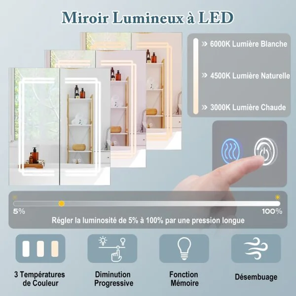 Armoire à Pharmacie 60x70cm avec Miroir Armoire à Miroir Eclairée par LED avec 3 Couleurs de Lumière Gradation Continue Désembuage 2 Prises