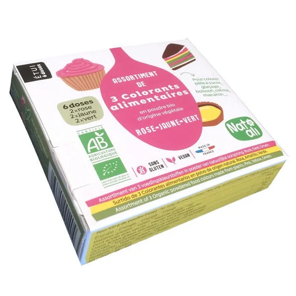 Assortiment colorant alimentaire 2xrose 2xjaune 2xvert 30g