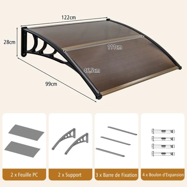 Auvent Porte d'Entree Marquise de Porte et Fenêtre Extérieur Plaque en Polycarbonate Noir/Gris/Café/Blanc