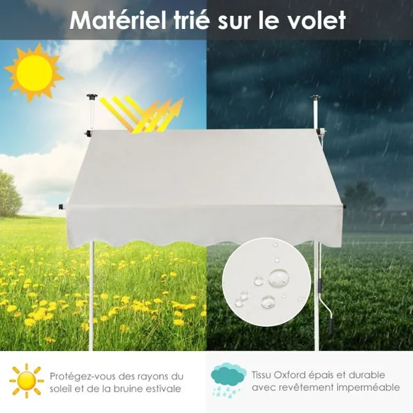 Auvent Rétractable Manuel 150x125CM Hauteur Réglable 2-3M sans Perçage en Métal et Tissu pour Fenêtre Balcon ou Jardin Beige/Gris/Rouge/Vert/Café