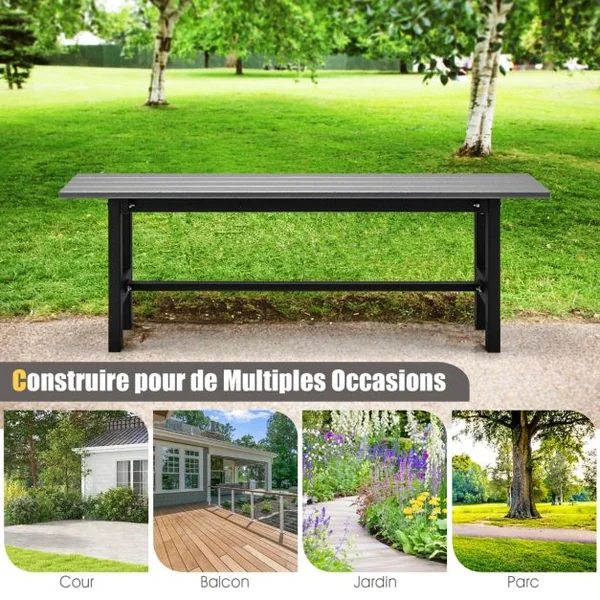 Banc de Jardin HDPE pour 2 Personnes Charge 300KG Banquette Extérieur avec Cadre en Métal et Couvre-pied de Protection Noir/Marron/Gris