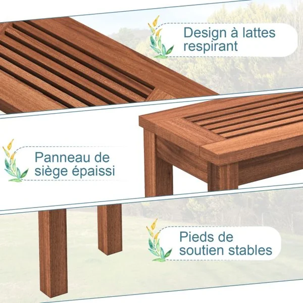 Banc de Jardin sans Dossier en Bois Siège à Lattes, 2 Places 100x30,5x47 CM Banquette Intérieur Extérieur