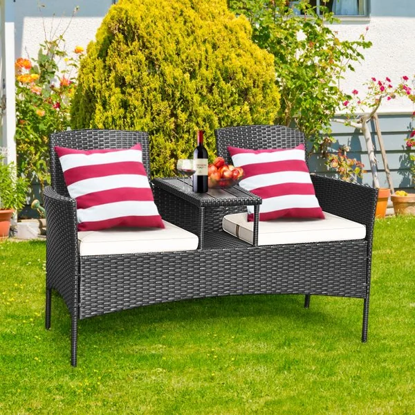 Banc de jardinen Polyrotin Anti-UV 2 Places Table Intégrée en Verre Trempé avec Coussins Epais L138 x P61 x H85 cm Noir+Blanc