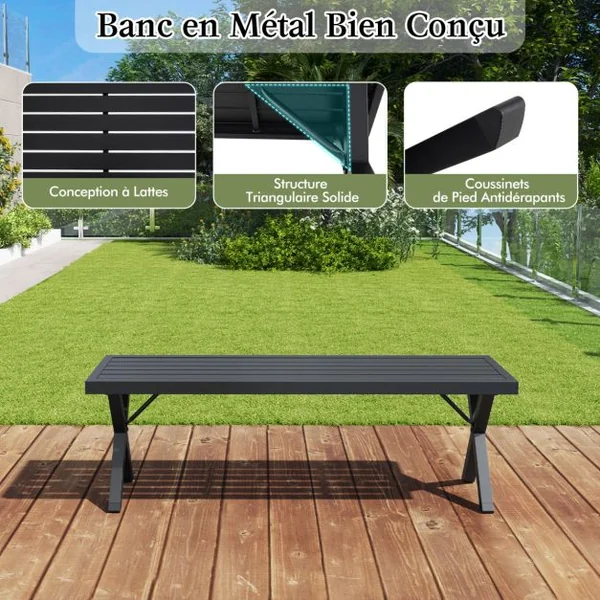 Banc en Métal pour Patio Banc 2 Places avec Siège à Lattes et Pieds en X Banquette Extérieure Sans Dossier de 138 cm Charge Maximale 360 kg