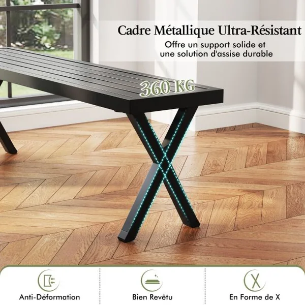 Banc en Métal pour Patio Banc 2 Places avec Siège à Lattes et Pieds en X Banquette Extérieure Sans Dossier de 138 cm Charge Maximale 360 kg
