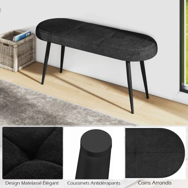 Banc Ottoman de 113cm Banc Rembourré de Fin de Lit avec Coussin en Mousse Pieds Métalliques Capacité de Charge de 300kg Noir/Gris