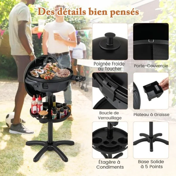 Barbecue Electrique 1 200W pour Intérieur et Extérieur Plaque de Cuisson Antiadhésive à 2 Zones Température Réglable Jardin Noir
