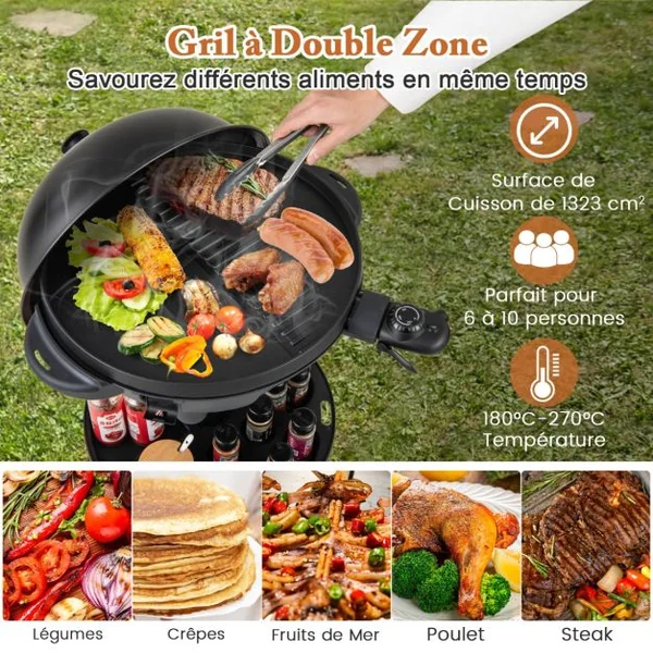 Barbecue Electrique 1 200W pour Intérieur et Extérieur Plaque de Cuisson Antiadhésive à 2 Zones Température Réglable Jardin Noir