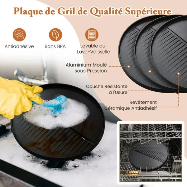 Barbecue Electrique 1 200W pour Intérieur et Extérieur Plaque de Cuisson Antiadhésive à 2 Zones Température Réglable Jardin Noir